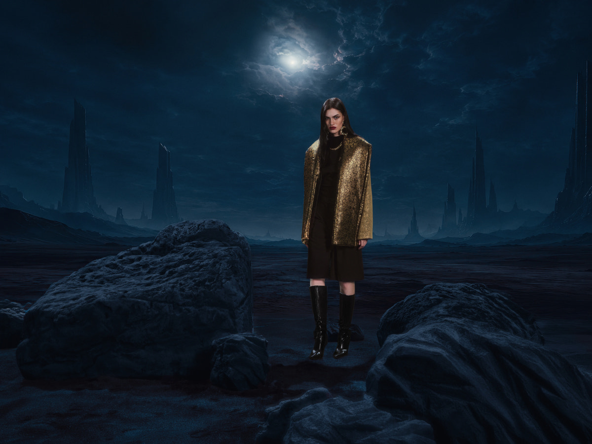 Model wearing Ritual Kimono Coat in the blue world